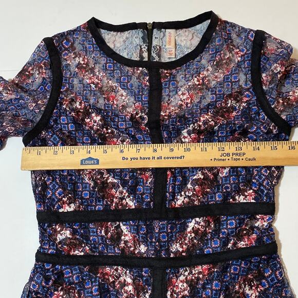 Floral Navy Sheer Long Sleeve Dress Knee Length Piping SZ Small Gothic Ruffle - Picture 9 of 14